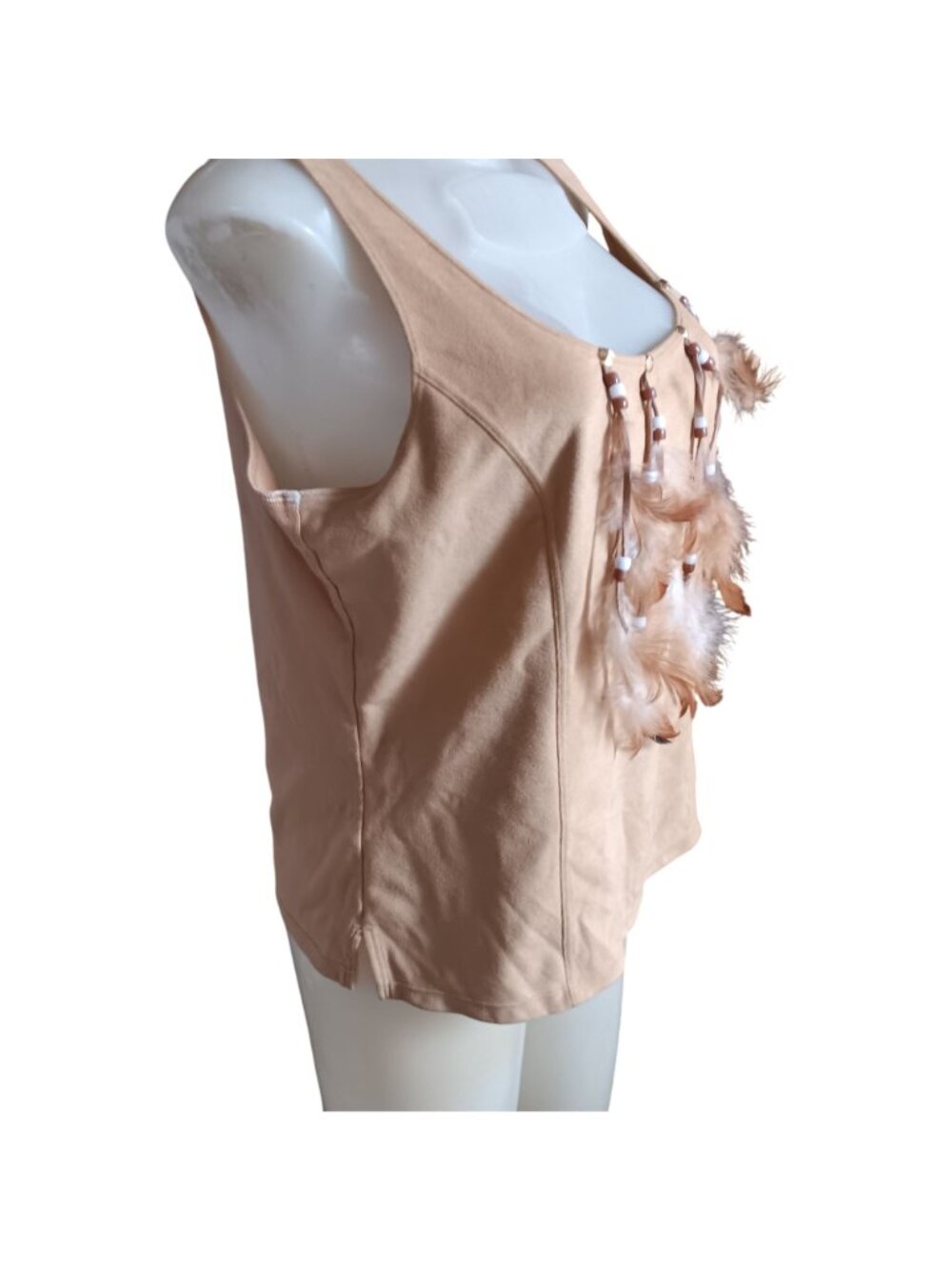 Hippy Mama Vintage Tank Top Medium Boho Beige Sleeveless Beaded Feather cropped - Picture 3 of 5